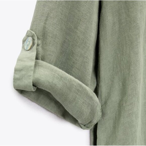 Zara 100% Linen Shirt Dress Long Sleeve Khaki Green Button Front - Picture 10 of 16